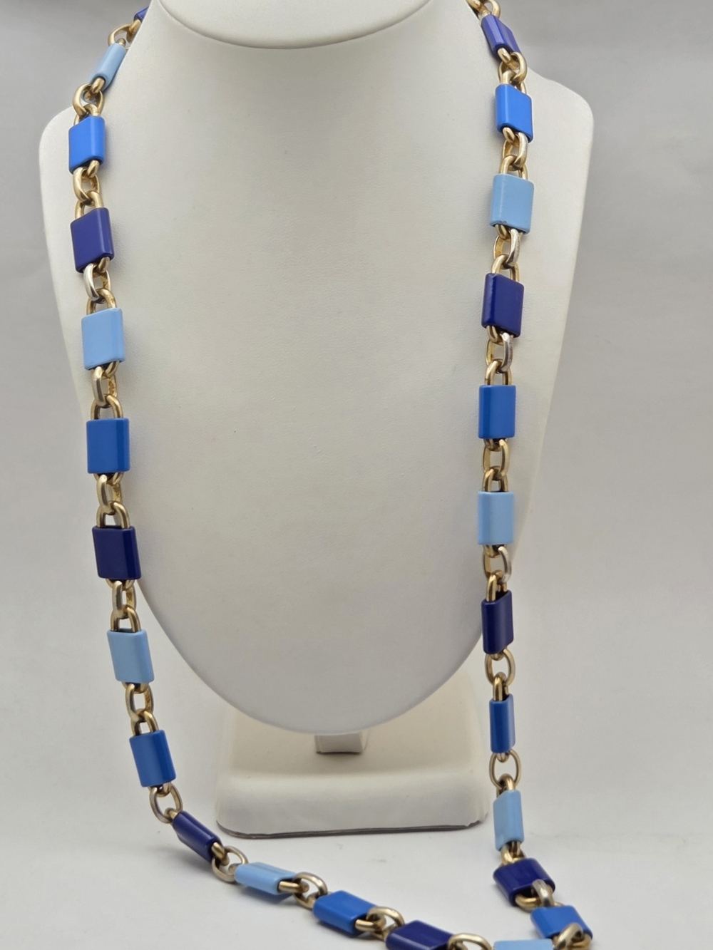 J. Crew Blue Enamel & Gold Tone Long Station Chain Necklace 36”